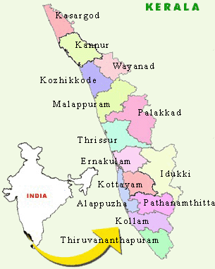 Map of Kerala. Malabar forms a part of Kerala